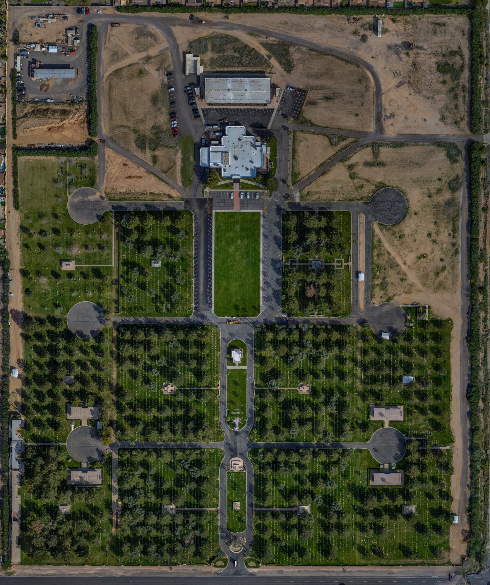 Drone photo of the cemetery with the grave marked